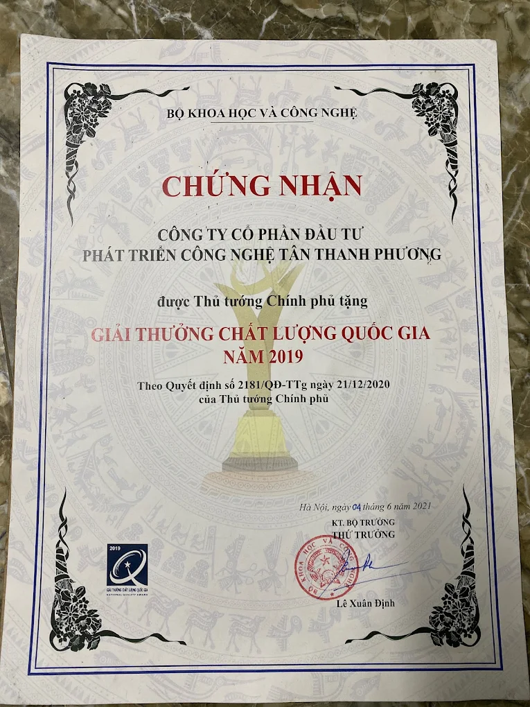 Hình ảnh giải pháp của công ty Tân Thanh Phương đạt giải thưởng Chất lượng Quốc gia 2019