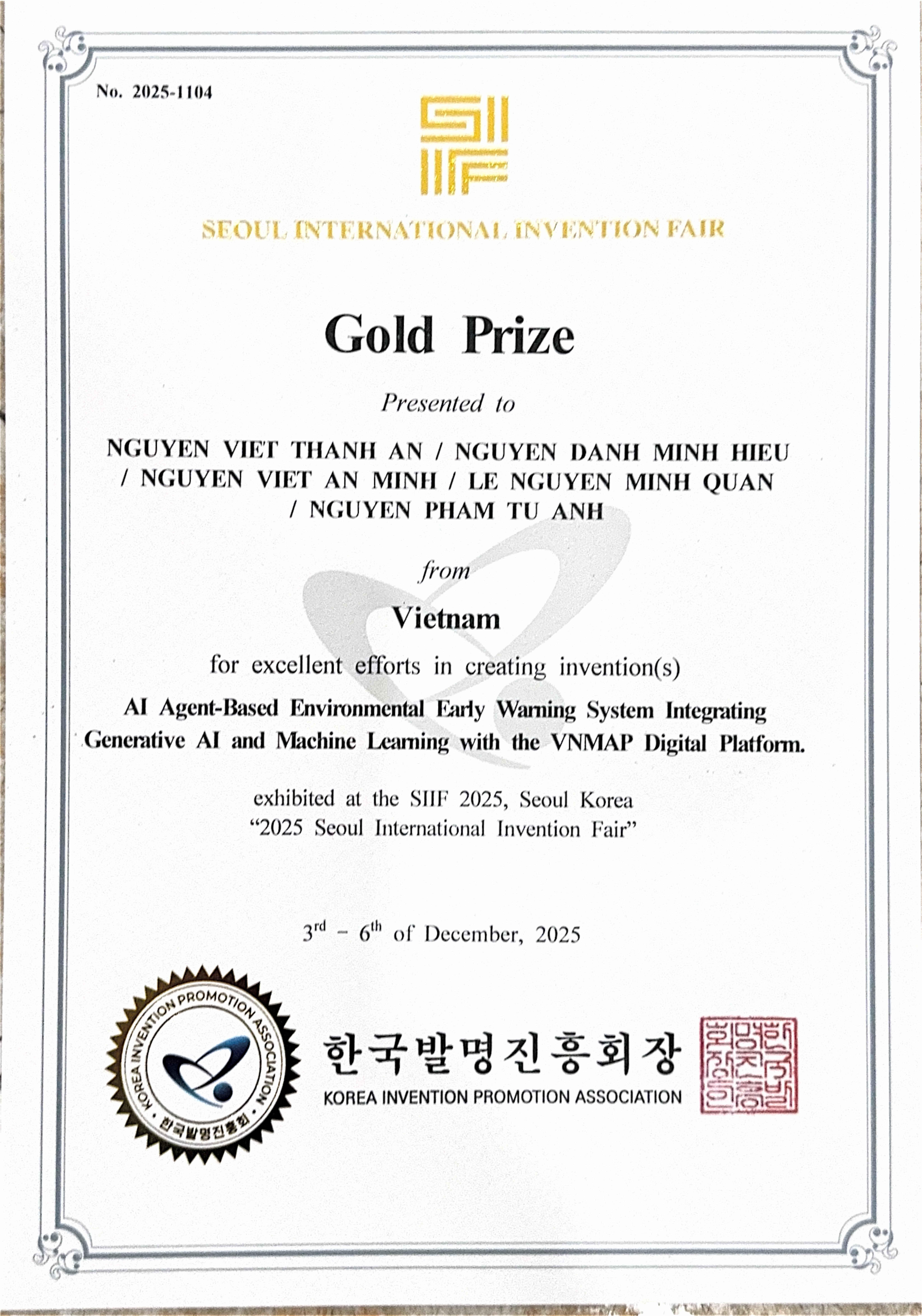 Giấy chứng nhận Giải Vàng tại SIIF 2025