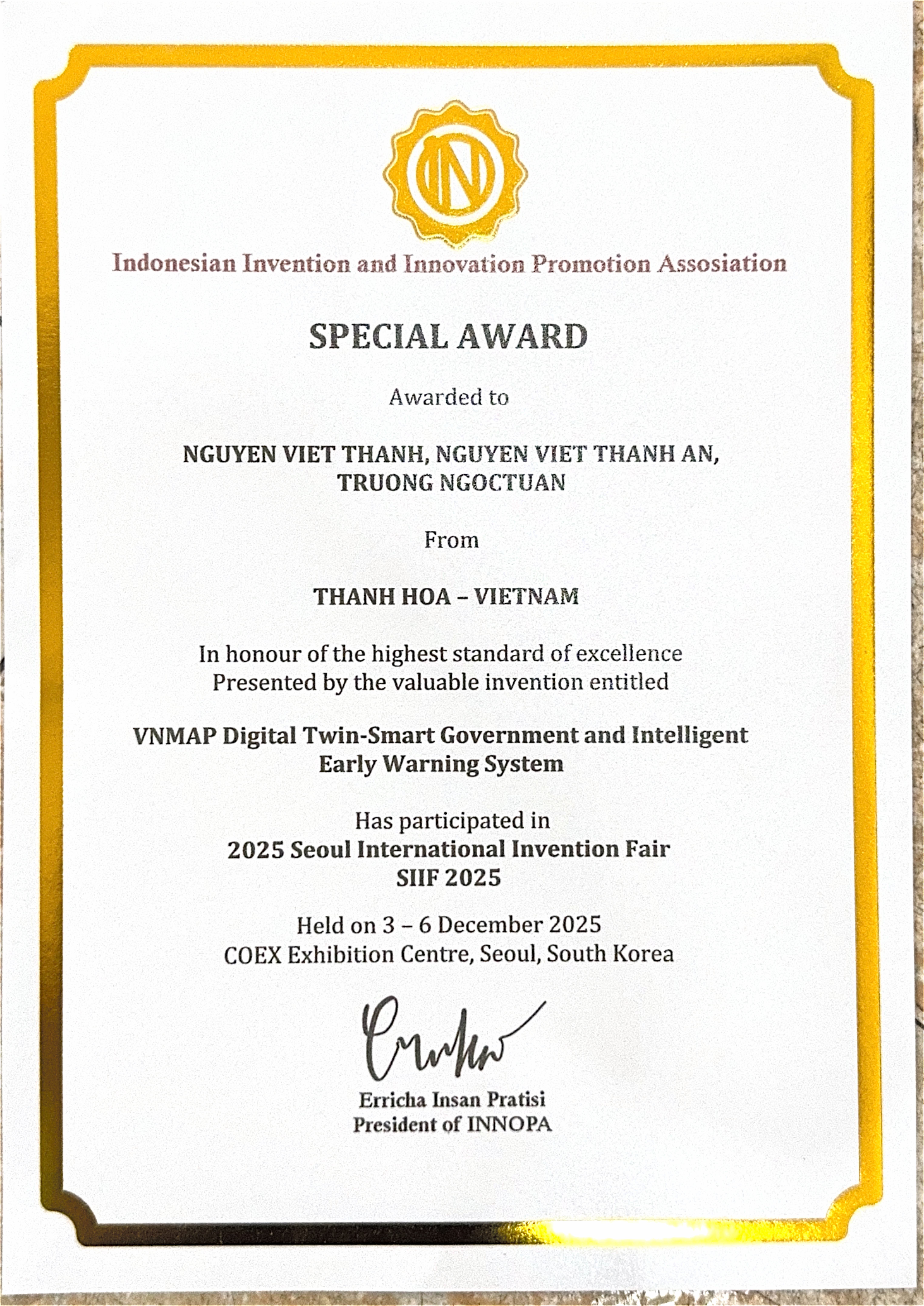 Giấy chứng nhận Giải Đặc biệt INNOPA