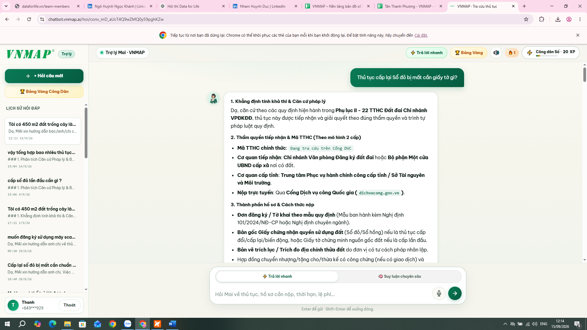 Giao diện câu trả lời đất đai có cấu trúc và căn cứ tham chiếu trên chatbot.vnmap.ai