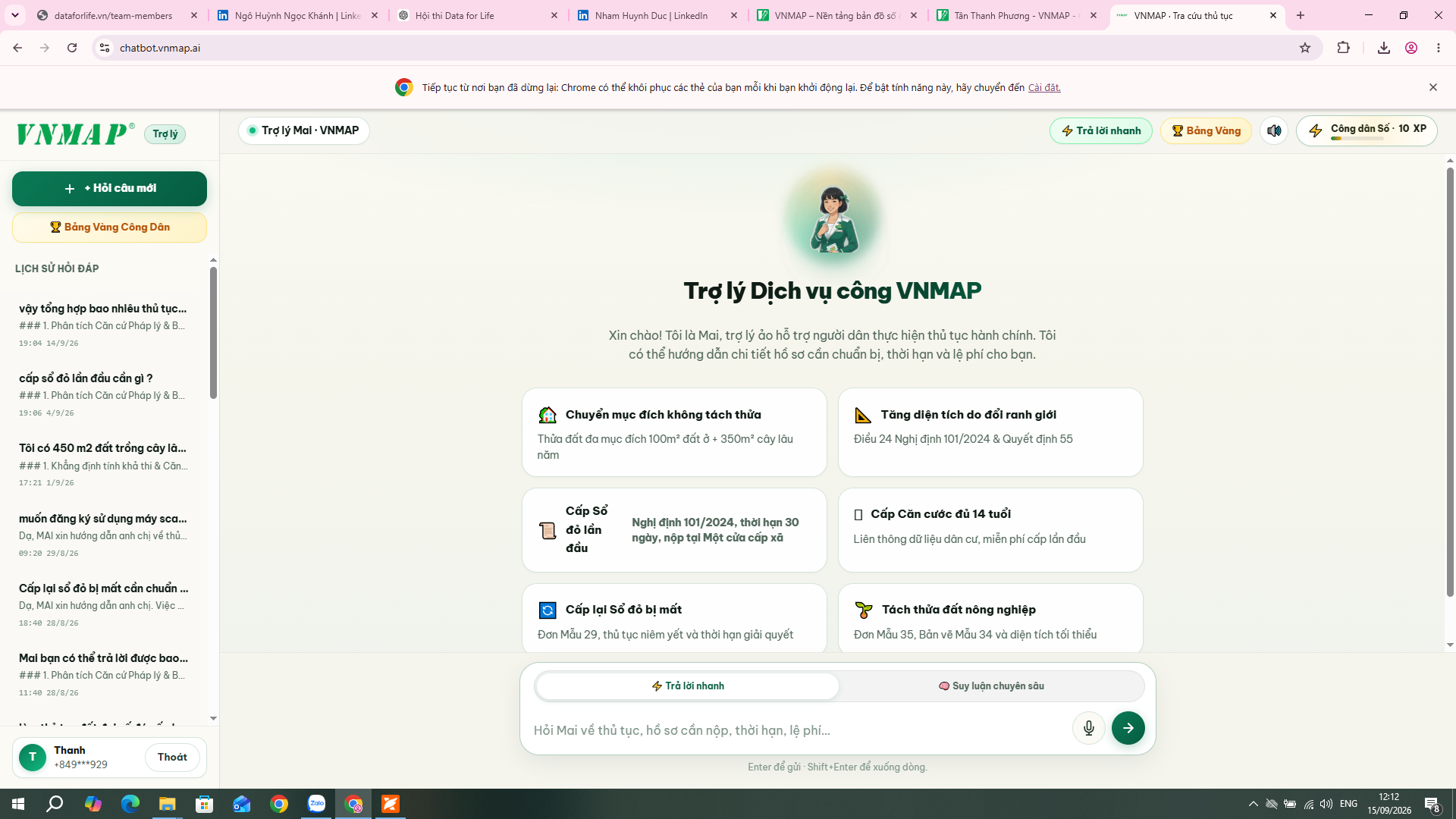 Giao diện Trợ lý Dịch vụ công trên chatbot.vnmap.ai