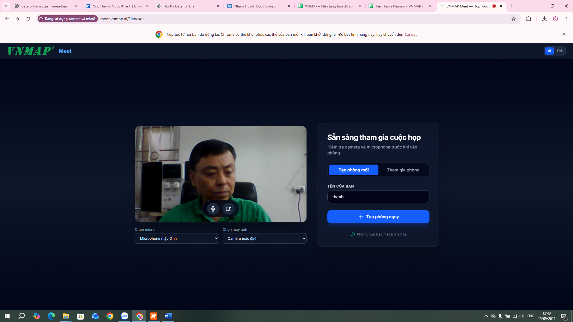 Màn hình kiểm tra thiết bị trước khi vào phòng họp MEET.VNMAP.AI