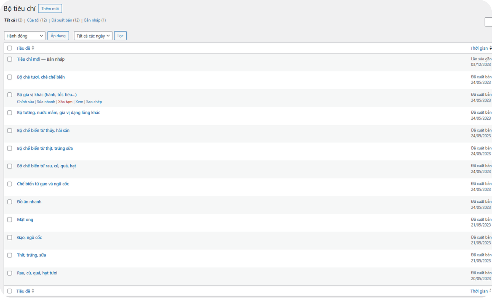 GIAO DIỆN QUẢN LÝ TIÊU CHÍ CHẤM ĐIỂM OCOP