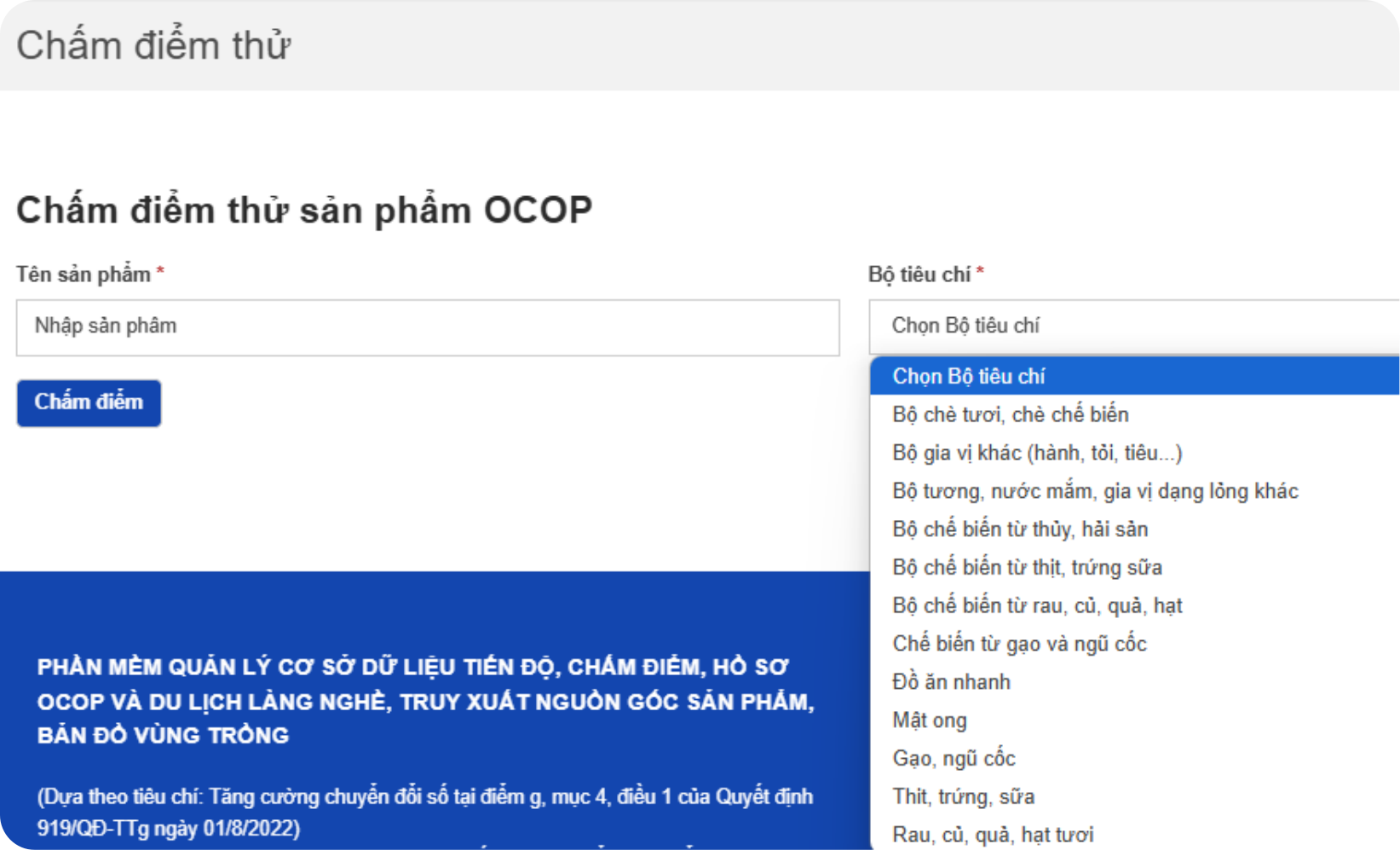 GIAO DIỆN TRANG CHẤM ĐIỂM OCOP