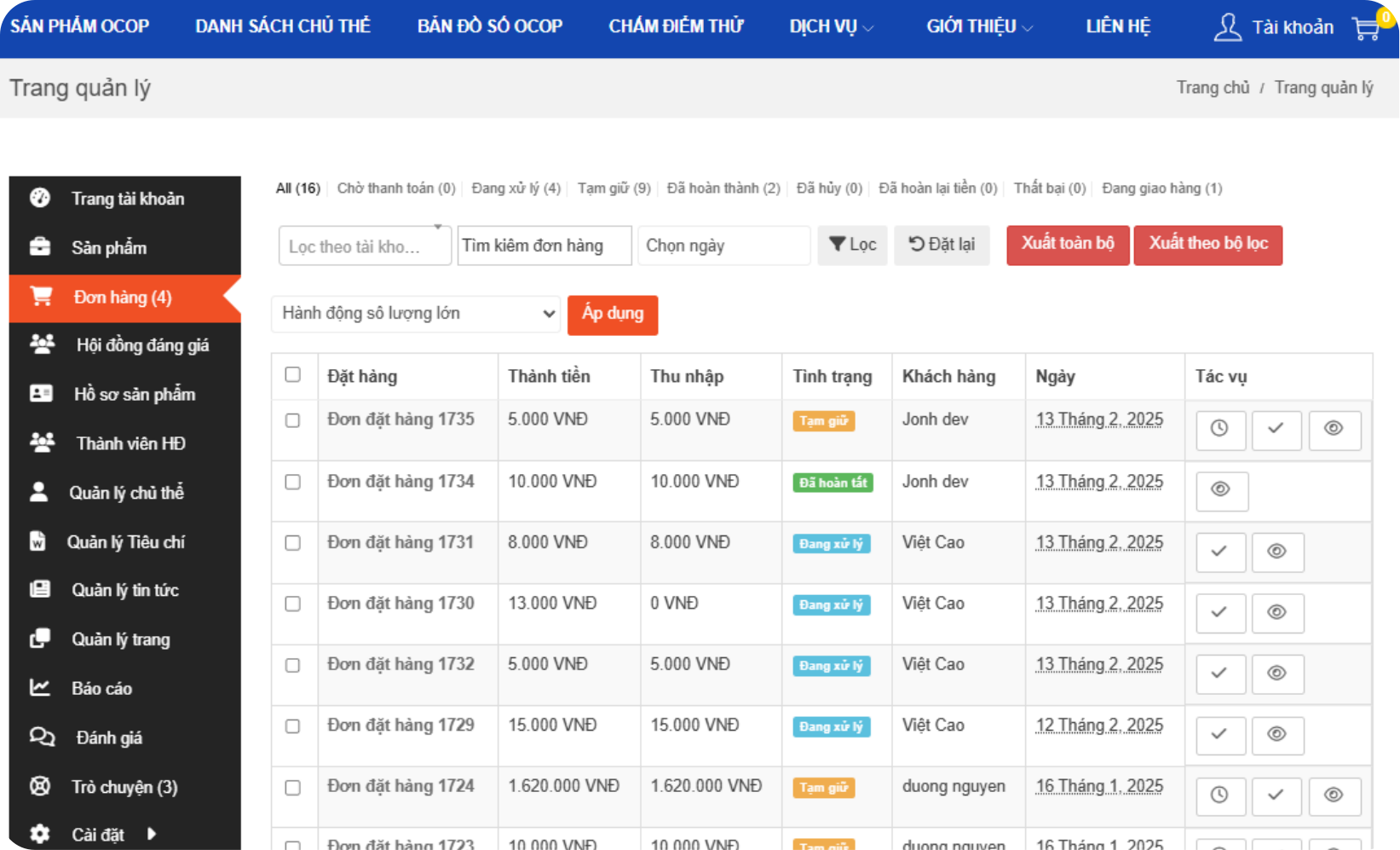 GIAO DIỆN QUẢN LÝ ĐƠN HÀNG OCOP