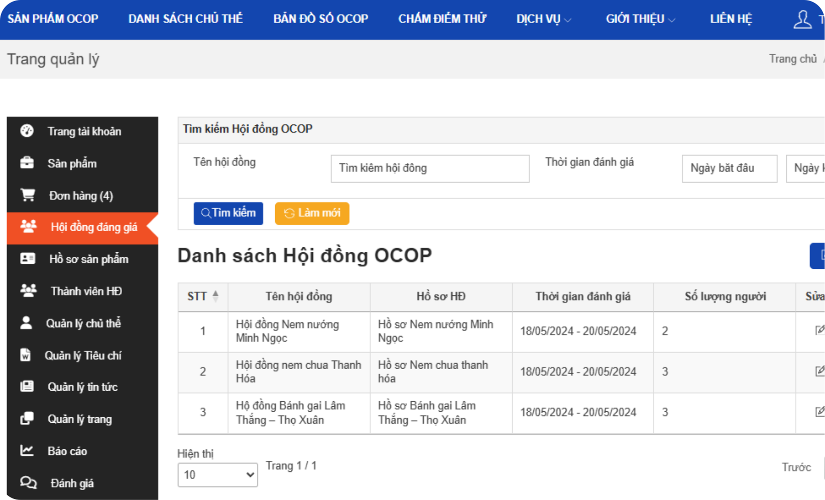 GIAO DIỆN QUẢN LÝ HỘI ĐỒNG CHẤM ĐIỂM OCOP