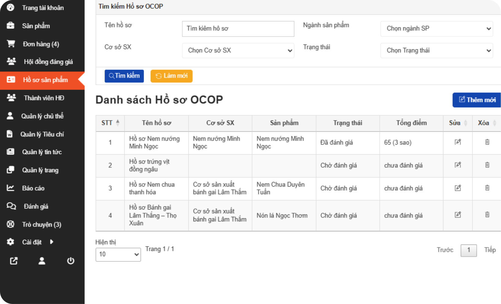 GIAO DIỆN QUẢN LÝ HỒ SƠ CHẤM ĐIỂM OCOP